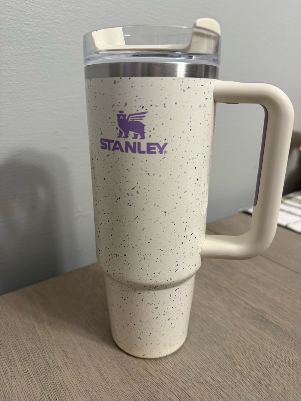 Stanley Ivory Speckle Travel Tumbler with Purple Logo and Handle